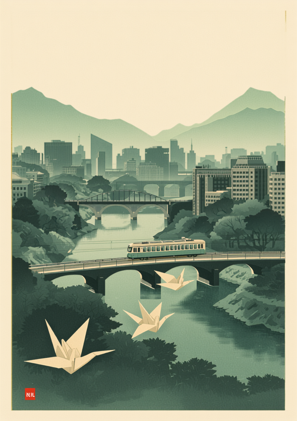Present-day Hiroshima cityscape with a streetcar, rivers and green mountains